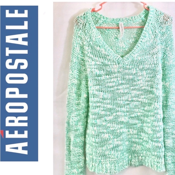 Aeropostale Size Medium Mint Green White Knit V-Neck Sweater - Picture 1 of 11